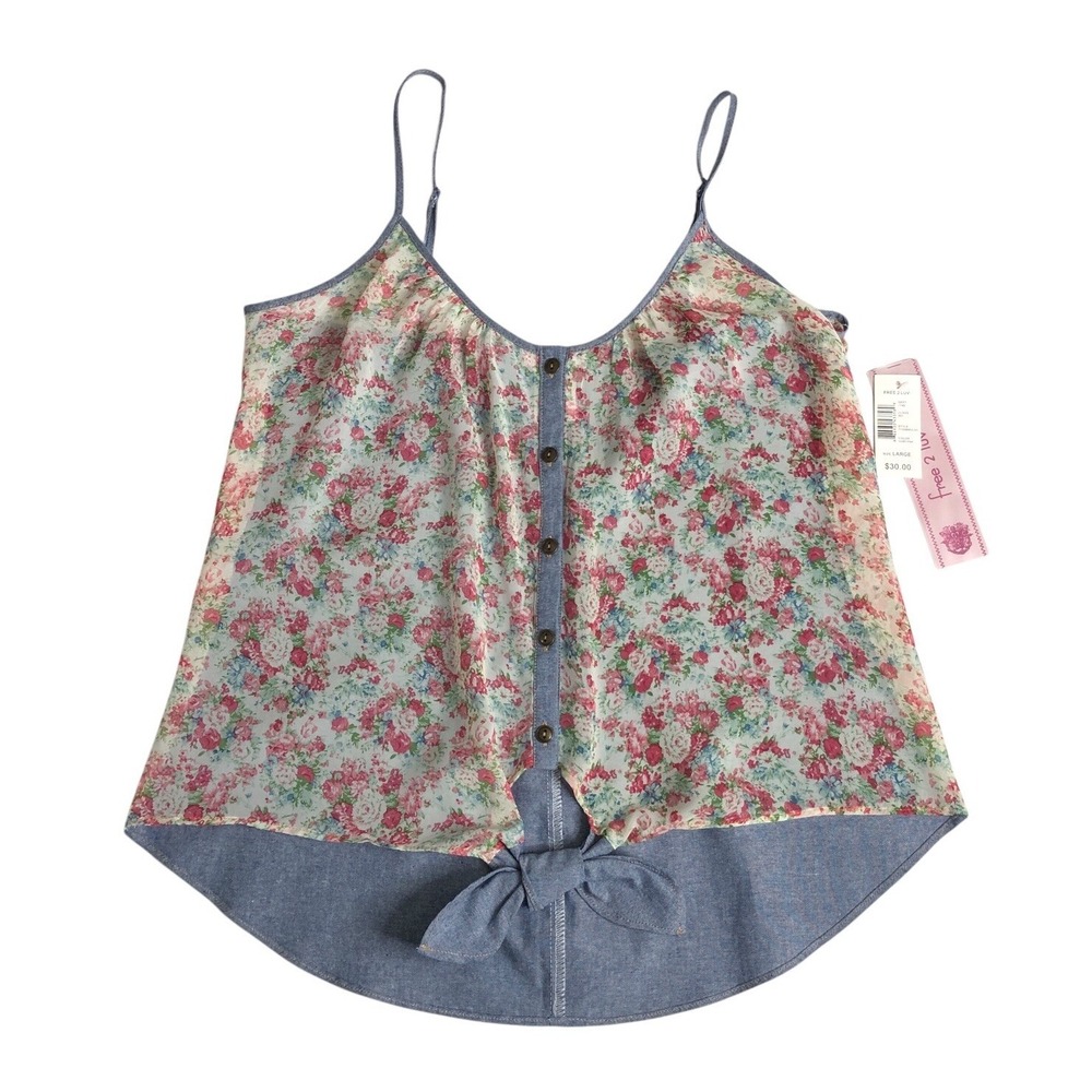 Free 2 Luv Top Womens L Floral Sheer‎ Tie Button Tank Cottagecore Preppy Western